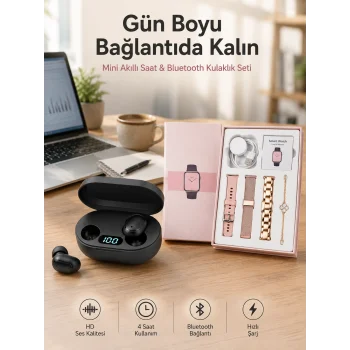 Nabız Ölçer Hediye Bileklikli Akıllı Saat ve Dijital Göstergeli Bluetooth Kulaklık Çoklu Şarj Girişi