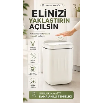 Otomatik Açılıp Kapanan Kapak Sensörlü Çöp Kutusu 20 Litre İç Hacim Geniş Büyük Boy