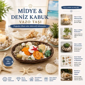 OVAL AHŞAP SEPET RENKLİ MİX MİDYE - DENİZ KABUK VAZO TAŞI (5047)