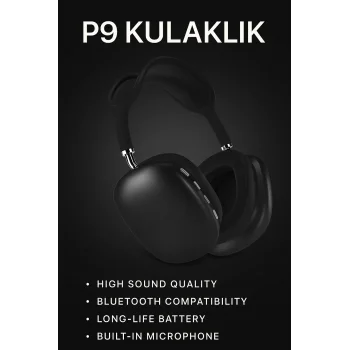 P9 Bluetooth 5.0 Kablosuz Siyah Kulaklık Mikrofonlu Uzun Pil Yüksek Bass Anc