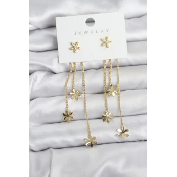 Papatya Model Gold Renk Pirinç Sallantılı Kadın Küpe
