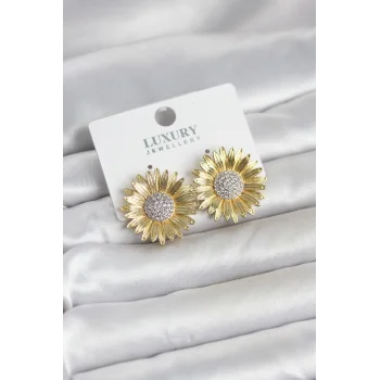 Papatya Model Zirkon Taşlı Pirinç Gold Renk Kadın Küpe