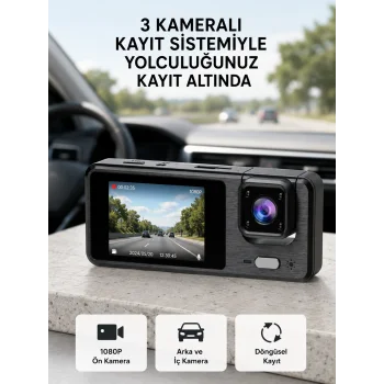 Park Modlu 3 Kameralı Araç Kayıt Cihazı 1080P Ön Kamera 2’’ Ekran