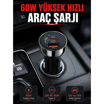 PD 30W Çift USB-C Araç Şarj Cihazı 60W Hızlı Şarj Adaptörü
