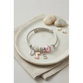 Pembe Dinazor Model Charmlı Gümüş Renk Bileklik