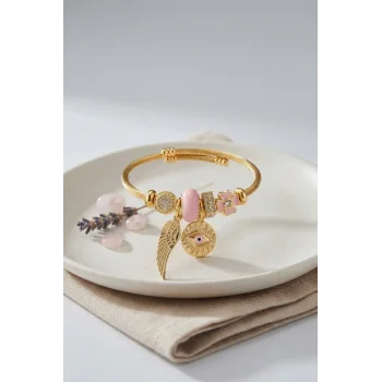 Pembe Göz Model Gold Renk Charmlı Bileklik
