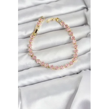 Pembe Kare Zirkon Taşlı Gold Renk Pirinç Su Yolu Kadın Bileklik