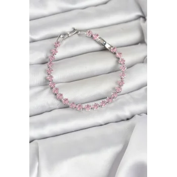 Pembe Kare Zirkon Taşlı Gümüş Renk Pirinç Su Yolu Kadın Bileklik