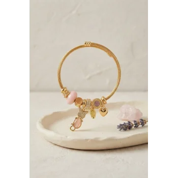 Pembe Kedi Model Gold Renk Charmlı Bileklik