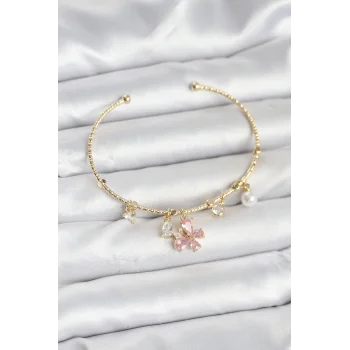 Pembe Kelebek Charmlı Gold Renk Kadın Bileklik