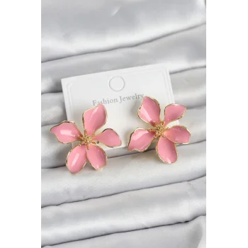 Pembe Mineli Çiçek Model Pirinç Kadın Küpe