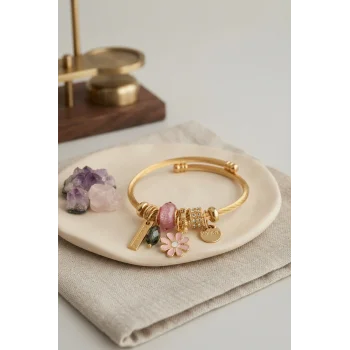 Pembe Papatya Model Gold Renk Charmlı Bileklik