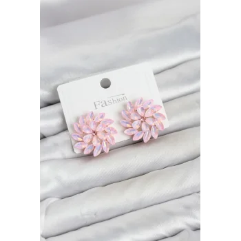 Pembe Renk Kristal Taşlı Çiçek Model Kadın Küpe