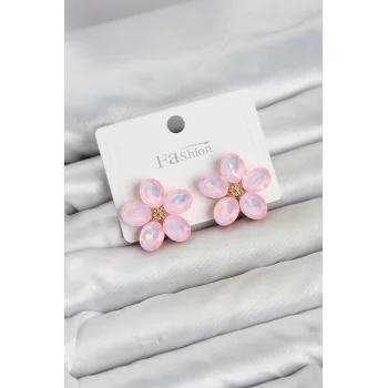 Pembe Renk Kristal Taşlı Çiçek Model Kadın Küpe