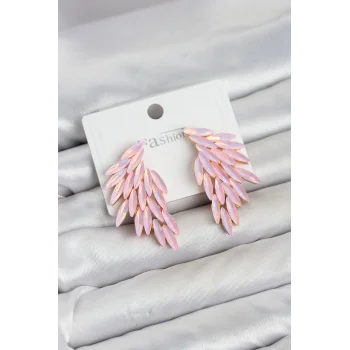 Pembe Renk Kristal Taşlı Kanat Küpe