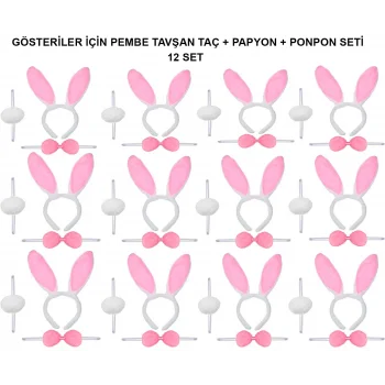 Pembe Tavşan Kostüm Seti – Taç, Papyon, Ponpon (12’li Paket)