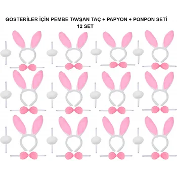 Pembe Tavşan Kostüm Seti – Taç, Papyon, Ponpon (12’li Paket) (5047)