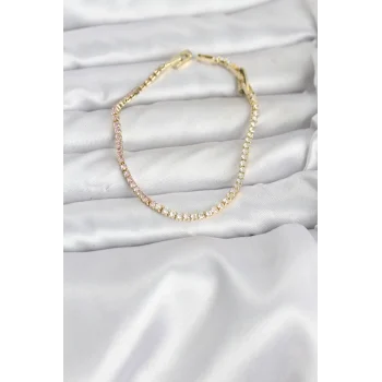 Pembe ve Beyaz Zirkon Taşlı Gold Renk Su Yolu Kadın Bileklik