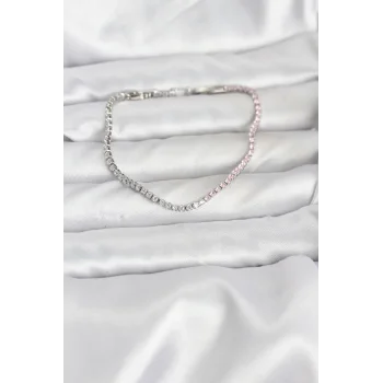 Pembe ve Beyaz Zirkon Taşlı Gümüş Renk Su Yolu Kadın Bileklik