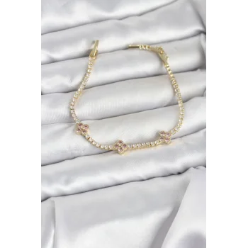 Pembe Yonca Detaylı Zirkon Taşlı Gold Renk Pirinç Su Yolu Kadın Bileklik