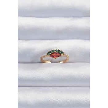 Pirinç Altın Renk Renkli Zirkon Taşlı Ayarlanabilir Karpuz Model Yüzük