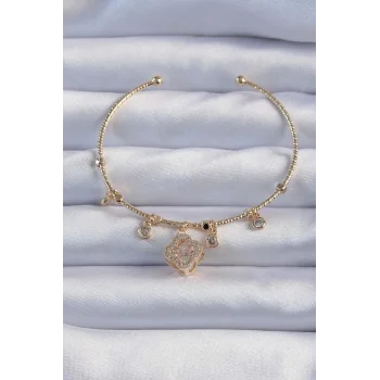 Pirinç Altın Renk Zirkon Taşlı Yonca Model Charm Bileklik