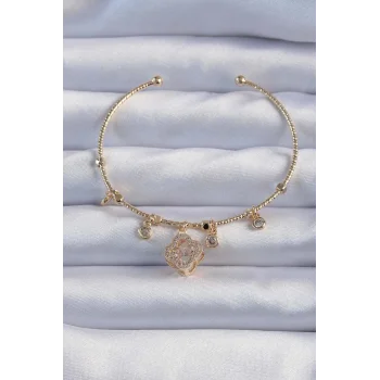 Pirinç Altın Renk Zirkon Taşlı Yonca Model Charm Bileklik