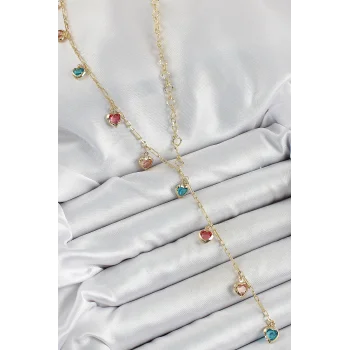 Pirinç Asorti Kalp Model Gold Renk Zirkon Taşlı Y Kolye