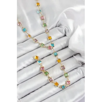 Pirinç Asorti Kare Model Gold Renk Zirkon Taşlı Y Kolye