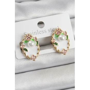 Pirinç Beyaz Mineli İnci Detaylı Sanatsal Portre Model Gold Renk Kadın Küpe