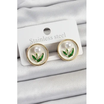 Pirinç Beyaz Mineli Lale Figürlü Sanatsal Portre Model Gold Renk Kadın Küpe