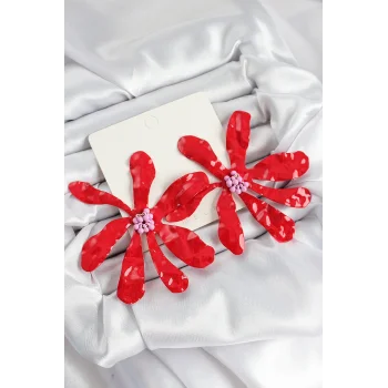 Pirinç Büyük Kırmızı Çiçek Model Kadın Küpe