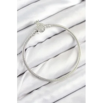 Pirinç Charm Zirkon Taşlı Taç Model Gümüş Renk Kadın Bileklik