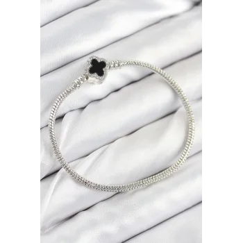 Pirinç Charm Zirkon Taşlı Yonca Model Gümüş Renk Kadın Bileklik