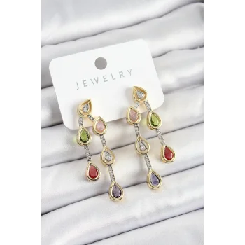 Pirinç Çoklu Damla Model Karşık Zirkon Taşlı Gold Ve Gümüş Renk Kadın Küpe