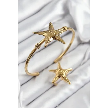 Pirinç Deniz Yıldızı Model Gold Renk Bileklik Yüzük Set