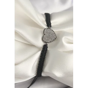 Pirinç Füme Renk Zirkon Taşlı Kalp Figür Asansörlü Makrome Model Kadın Bileklik