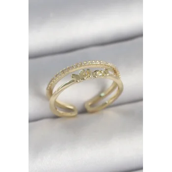 Pirinç Gold Renk 2Li Sıra Zirkon Taş Detaylı Kelebek Figürlü Ayarlanabilir Model Kadın Yüzük
