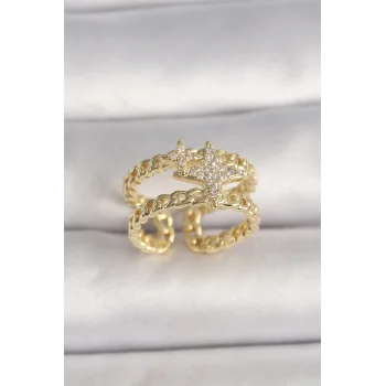 Pirinç Gold Renk 2Li Zincir Zirkon Taşlı Yıldız Figür Kadın Yüzük