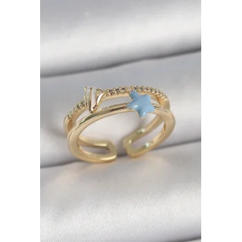 Pirinç Gold Renk 2Li Zirkon Taşlı Mavi Yıldız Figür Ayarlanabilir Kadın Yüzük