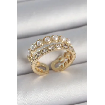Pirinç Gold Renk 2Li Zirkon Taşlı Ve İncili Ayarlanabilir Kadın Yüzük