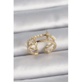 Pirinç Gold Renk Ayarlanabilir Zirkon Taşlı İncili Yıldız Model Kadın Yüzük