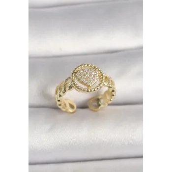 Pirinç Gold Renk Ayarlanabilir Zirkon Taşlı Kalp Model Kadın Yüzük