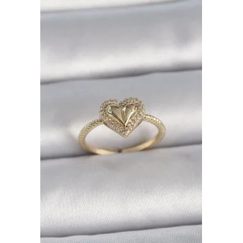 Pirinç Gold Renk Ayarlanabilir Zirkon Taşlı Kalp Model Kadın Yüzük