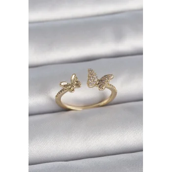 Pirinç Gold Renk Ayarlanabilir Zirkon Taşlı Kelebek Model Kadın Yüzük