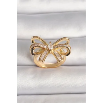 Pirinç Gold Renk Ayarlanabilir Zirkon Taşlı Kurdele Model Kadın Yüzük
