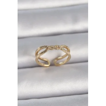 Pirinç Gold Renk Ayarlanabilir Zirkon Taşlı Sarmal Model Kadın Yüzük
