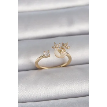 Pirinç Gold Renk Ayarlanabilir Zirkon Taşlı Yıldız Model Kadın Yüzük