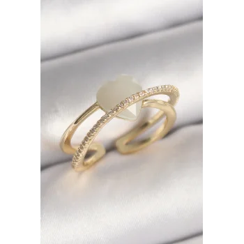Pirinç Gold Renk Beyaz Kristal Kalp Model Zirkon Taş Detay Kadın Yüzük