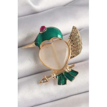 Pirinç Gold Renk Beyaz Mineli Kalp Yeşil Sinek Kuşu Model Pembe Zirkon Taş Detay Kadın Broş